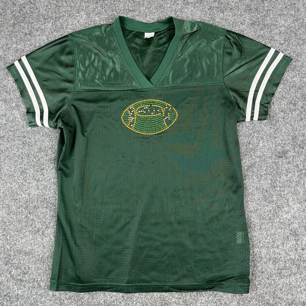 Football Jersey Womens L Green Mesh V Neck Athletic Sports Casual Striped Sleeve